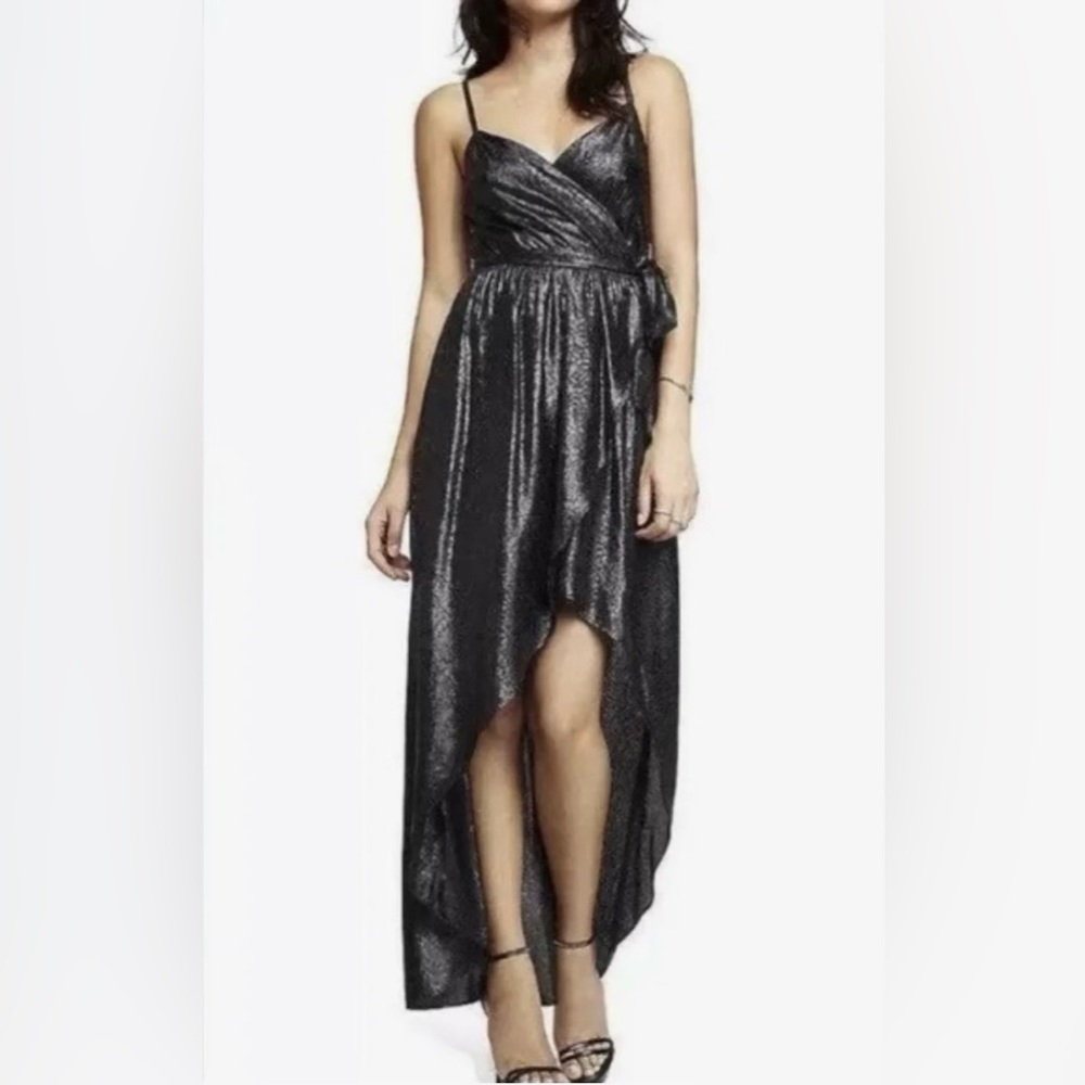 EXPRESS MAXI DRESS BLACK GUNMETAL HIGH-LOW SHINE DRESS SIZE XS